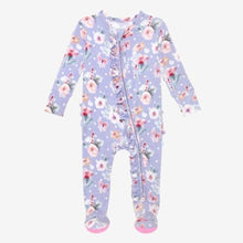 Load image into Gallery viewer, Pastel Purple Floral Zipper Ruffle Footie